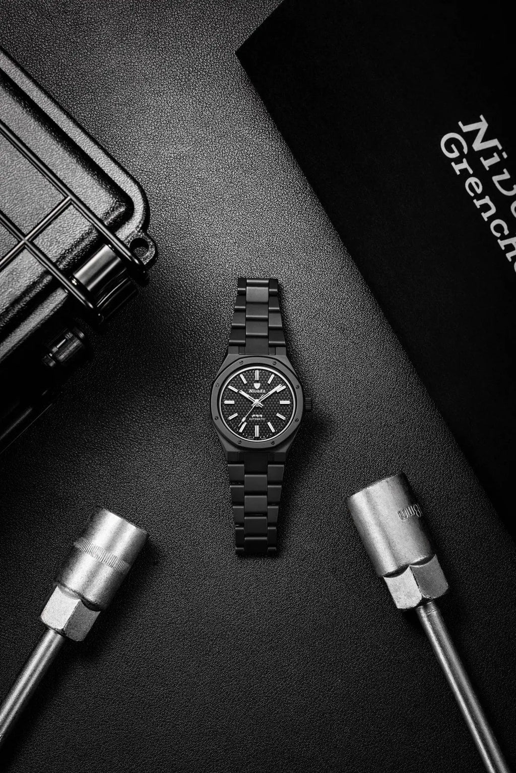 NIVADA GRENCHEN AUTOMATIC F77 BLACK CERAMIC BRAIDED DIAL 37MM 68004A77